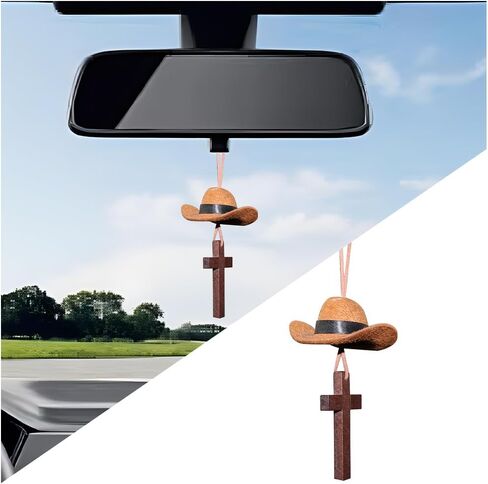 Cowboy Hat Car Hanging Charm with Cross, Felt Miniature Western Country Vehicle Rear View Mirror Pendant, Cute Mirror Decor Ornament, Universal Automotive Interior Accessories (Black) in Saudi Arabia