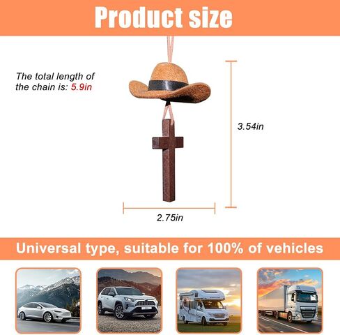 Cowboy Hat Car Hanging Charm with Cross, Felt Miniature Western Country Vehicle Rear View Mirror Pendant, Cute Mirror Decor Ornament, Universal Automotive Interior Accessories (Black) in Saudi Arabia