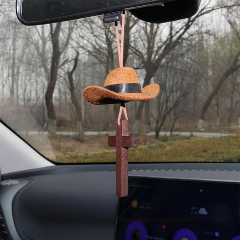 Cowboy Hat Car Hanging Charm with Cross, Felt Miniature Western Country Vehicle Rear View Mirror Pendant, Cute Mirror Decor Ornament, Universal Automotive Interior Accessories (Black) in Saudi Arabia
