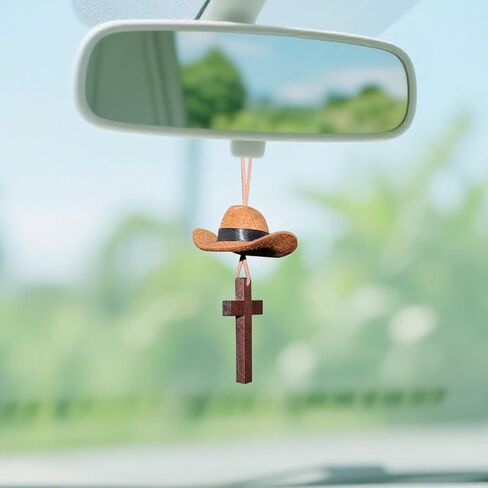 Cowboy Hat Car Hanging Charm with Cross, Felt Miniature Western Country Vehicle Rear View Mirror Pendant, Cute Mirror Decor Ornament, Universal Automotive Interior Accessories (Black) in Saudi Arabia