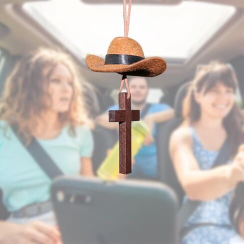 Cowboy Hat Car Hanging Charm with Cross, Felt Miniature Western Country Vehicle Rear View Mirror Pendant, Cute Mirror Decor Ornament, Universal Automotive Interior Accessories (Black) in Saudi Arabia