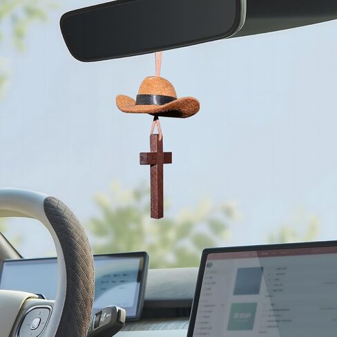 Cowboy Hat Car Hanging Charm with Cross, Felt Miniature Western Country Vehicle Rear View Mirror Pendant, Cute Mirror Decor Ornament, Universal Automotive Interior Accessories (Black) in Saudi Arabia