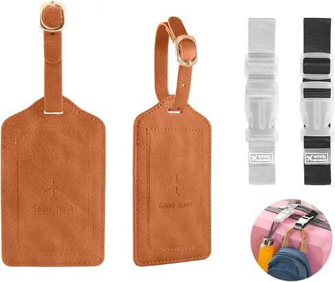 1 Pack Luggage Tag, PU Leather Suitcase Tags Identifiers Privacy Cover ID Label for Travel Bag Suitcase with 2 Pack Luggage Straps for Hats, Bags and Travel Accessories Clip(L-Black) in Kuwait