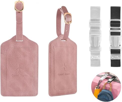 1 Pack Luggage Tag, PU Leather Suitcase Tags Identifiers Privacy Cover ID Label for Travel Bag Suitcase with 2 Pack Luggage Straps for Hats, Bags and Travel Accessories Clip(L-Black) in Kuwait