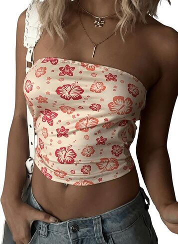 WDIRARA Women's Floral Print Y2K Tube Top Strapless Bandeau Tops Cheeky Crop Tube Tops in Saudi Arabia