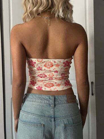 WDIRARA Women's Floral Print Y2K Tube Top Strapless Bandeau Tops Cheeky Crop Tube Tops in Saudi Arabia