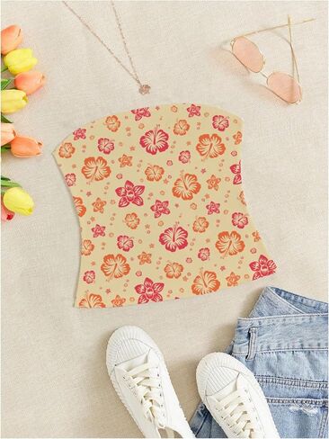 WDIRARA Women's Floral Print Y2K Tube Top Strapless Bandeau Tops Cheeky Crop Tube Tops in Saudi Arabia
