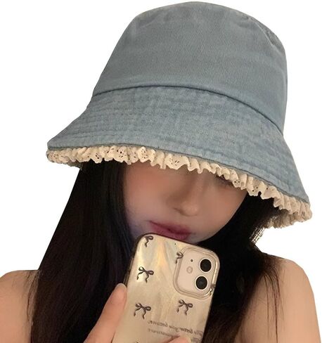 Bucket Hat for Women Cute Y2k Lace Wide Brim Jean Hat Summer Travel Beach Sun Hats Packable Denim Bucket Hat in Kuwait