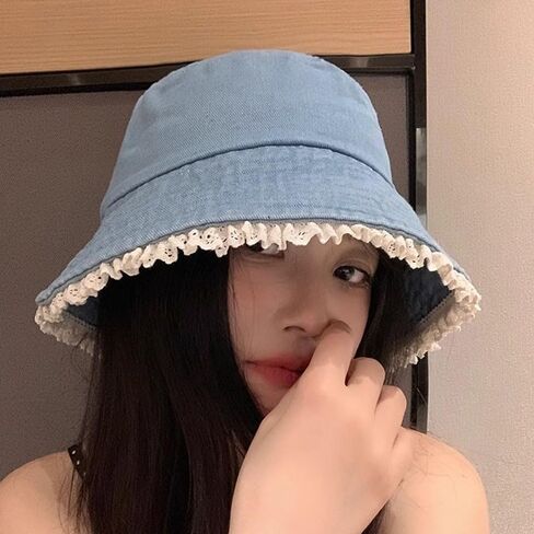 Bucket Hat for Women Cute Y2k Lace Wide Brim Jean Hat Summer Travel Beach Sun Hats Packable Denim Bucket Hat in Kuwait