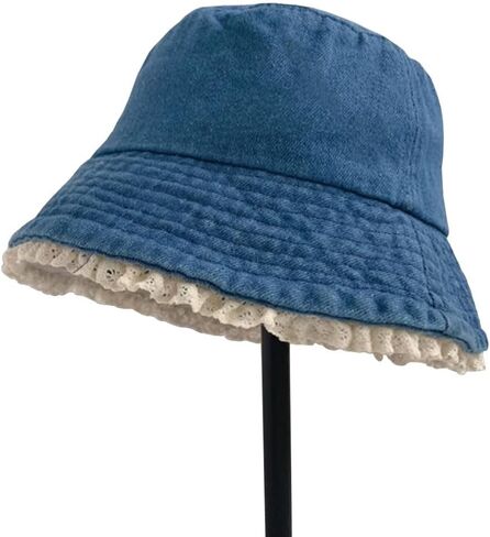 Bucket Hat for Women Cute Y2k Lace Wide Brim Jean Hat Summer Travel Beach Sun Hats Packable Denim Bucket Hat in Kuwait