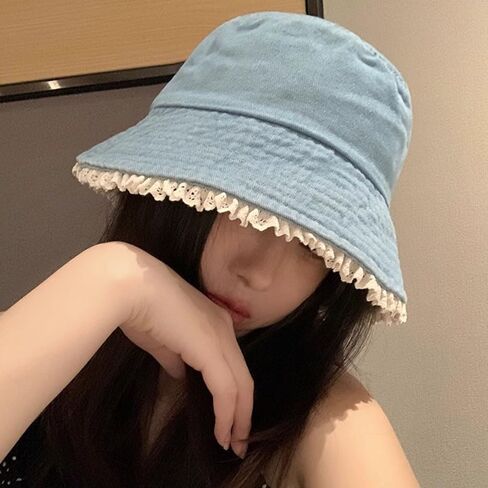 Bucket Hat for Women Cute Y2k Lace Wide Brim Jean Hat Summer Travel Beach Sun Hats Packable Denim Bucket Hat in Kuwait