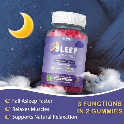 Sleep Gummies, 500mg Magnesium Citrate, High Absorption Magnesium Gummies with L-Theanine and Herbal Blend for Sleep, Mood, Relaxation, for Adults, Vegan, Grape Flavor, 60 Count in Kuwait