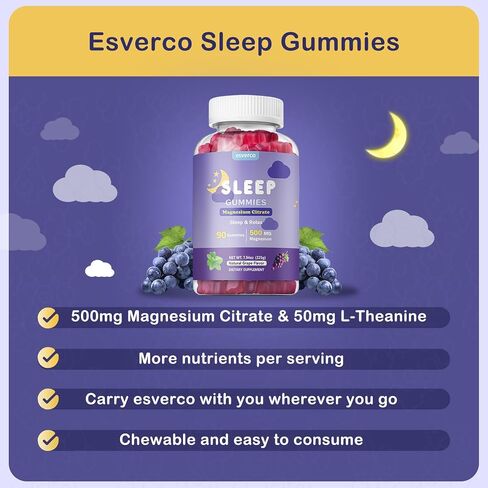 Sleep Gummies, 500mg Magnesium Citrate, High Absorption Magnesium Gummies with L-Theanine and Herbal Blend for Sleep, Mood, Relaxation, for Adults, Vegan, Grape Flavor, 60 Count in Kuwait