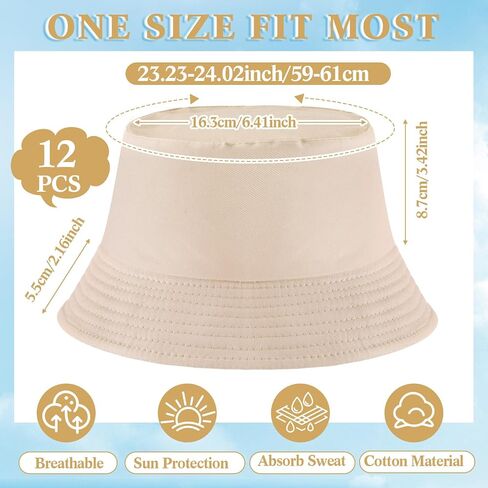 12 Pcs Bucket Hats for Women Men Unisex Athletic Fishing Cap Sun Hat with UV Protection Cotton Beach Cap Foldable Solid Plain Color Packable Summer Hats for Travel Outdoor Sports, Beige in Saudi Arabia