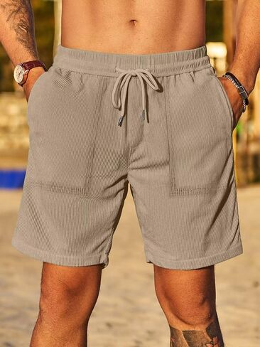Men Corduroy Shorts Elastic Waist Drawstring Cotton Casual Classic Fit Flat Front Lightweight Summer Beach Shorts(S-2XL) in Saudi Arabia