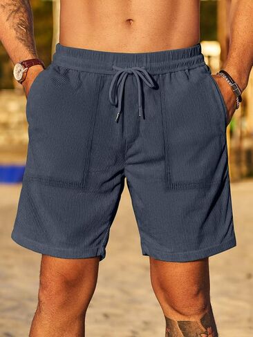 Men Corduroy Shorts Elastic Waist Drawstring Cotton Casual Classic Fit Flat Front Lightweight Summer Beach Shorts(S-2XL) in Saudi Arabia