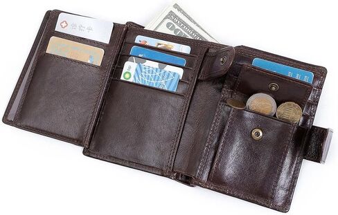 محفظة رجالية ذات سعة كبيرة بحجب RFID ثلاثية الطي من الجلد الطبيعي، تصميم للسفر يحمل بطاقات متعددة، بني داكن (قهوة) in Kuwait