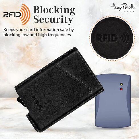 محفظة Tony Perotti من الجلد الإيطالي للرجال سريعة الوصول - محفظة RFID رفيعة للغاية مع شريط منزلق للبطاقات المنبثقة وحافظة للبطاقات - صديقة للبيئة محببة بالكامل مدبوغة بالخضروات in Kuwait