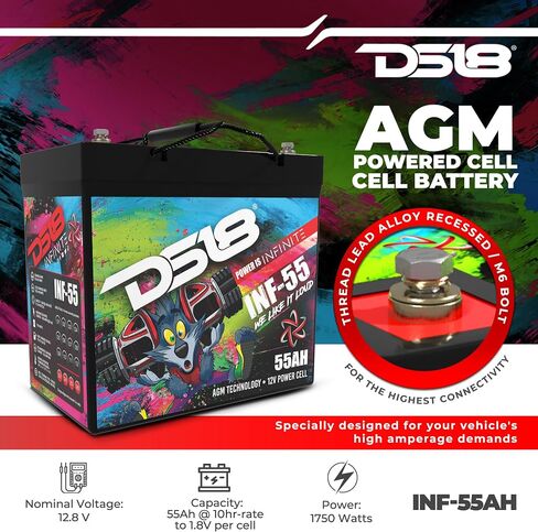 DS18 INF-55AH 1750 واط AGM خلية طاقة 12 فولت بطارية صيانة مجانية M6 محطة بولت - أداء عالي لصوت السيارة، رياضة السيارات، الدراجات النارية، جت سكي، ATV وUTV in Saudi Arabia