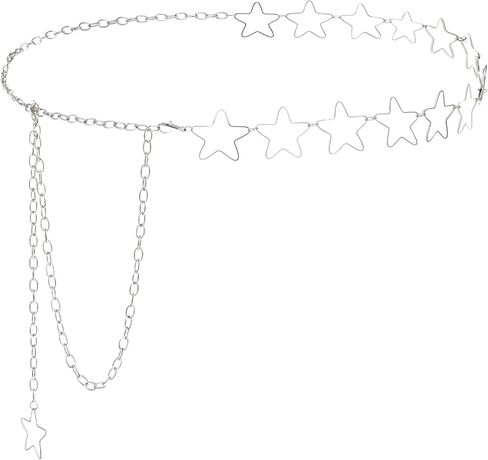 حزام سلسلة على شكل نجمة، سلسلة خصر على شكل نجمة فضية قابلة للتعديل مقاس 99 سم، زخرفة حزام Y2K عصري لفساتين التنانير والجينز، هدية للنساء والفتيات in Kuwait