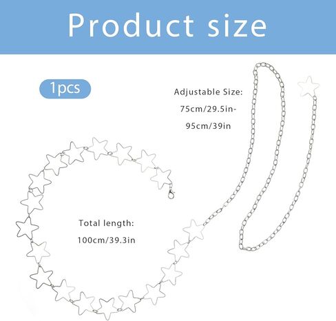 حزام سلسلة على شكل نجمة، سلسلة خصر على شكل نجمة فضية قابلة للتعديل مقاس 99 سم، زخرفة حزام Y2K عصري لفساتين التنانير والجينز، هدية للنساء والفتيات in Kuwait