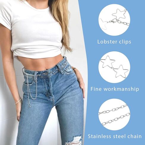 حزام سلسلة على شكل نجمة، سلسلة خصر على شكل نجمة فضية قابلة للتعديل مقاس 99 سم، زخرفة حزام Y2K عصري لفساتين التنانير والجينز، هدية للنساء والفتيات in Kuwait