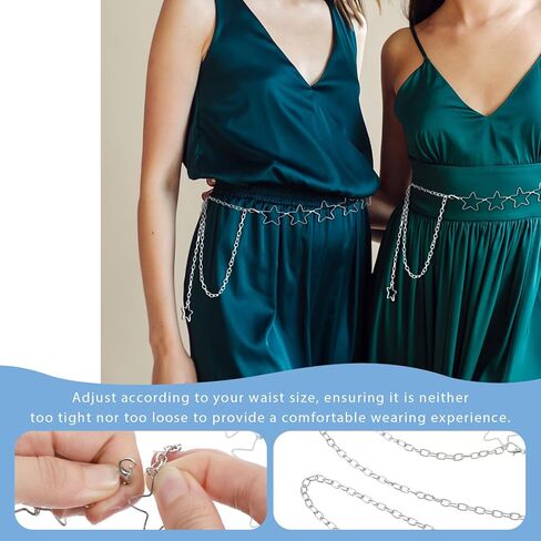 حزام سلسلة على شكل نجمة، سلسلة خصر على شكل نجمة فضية قابلة للتعديل مقاس 99 سم، زخرفة حزام Y2K عصري لفساتين التنانير والجينز، هدية للنساء والفتيات in Kuwait