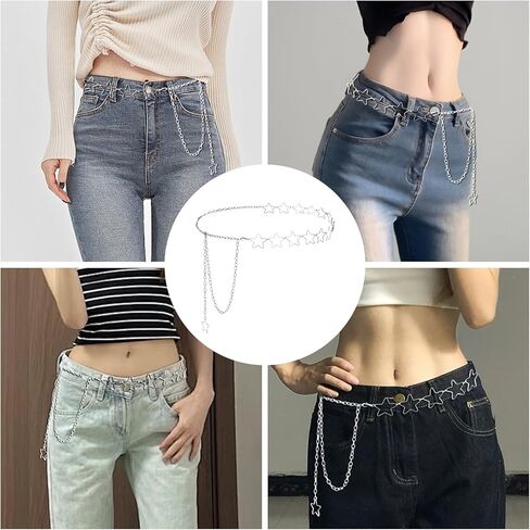 حزام سلسلة على شكل نجمة، سلسلة خصر على شكل نجمة فضية قابلة للتعديل مقاس 99 سم، زخرفة حزام Y2K عصري لفساتين التنانير والجينز، هدية للنساء والفتيات in Kuwait