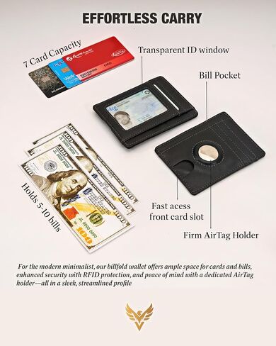 محفظة Airtag الفاخرة محفظة حامل بطاقات RFID مع حامل Airtag مدمج - محفظة بطاقات جلدية قابلة للطي بجيب أمامي رفيع وبسيط للرجال مع نافذة لبطاقة الهوية (أسود فاخر) in Saudi Arabia