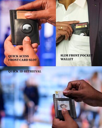 محفظة Airtag الفاخرة محفظة حامل بطاقات RFID مع حامل Airtag مدمج - محفظة بطاقات جلدية قابلة للطي بجيب أمامي رفيع وبسيط للرجال مع نافذة لبطاقة الهوية (أسود فاخر) in Saudi Arabia