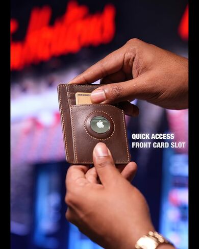 محفظة Airtag الفاخرة محفظة حامل بطاقات RFID مع حامل Airtag مدمج - محفظة بطاقات جلدية قابلة للطي بجيب أمامي رفيع وبسيط للرجال مع نافذة لبطاقة الهوية (أسود فاخر) in Kuwait