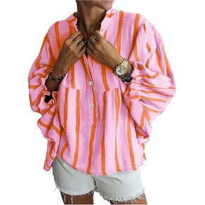 WDIRARA Women's Plus Size Striped V Neck Tops Button Down Flounce Sleeve Blouse Babydoll Shirts in Saudi Arabia