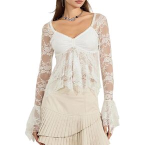 Women Lace Long Sleeve Going Out Top Y2K Floral Flowy Vintage Sheer Blouse Club Streetwear in Saudi Arabia