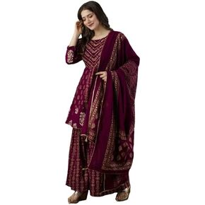 KUROCK Pakistani Kurti Sharara Set For Women's Rayon Mix Cotton Tunic Dupatta Set Indian Summer Dress (Wine) in Saudi Arabia