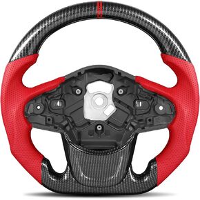 عجلة قيادة من ألياف الكربون Hydro-Dip لسيارة Toyota Supra 2019-2024، قاعدة مسطحة على شكل D، قبضة وخياطة جلدية حمراء، خطوط مركزية حمراء مزدوجة، مخيطة يدويًا، لـ GR in Kuwait