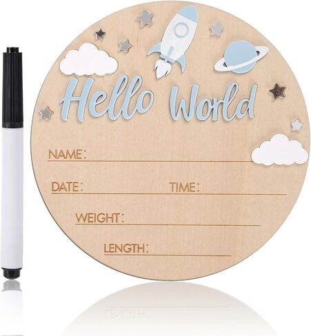 لافتة إعلان Hello World Baby، لافتة ولادة خشبية لحديثي الولادة مقاس 5.9 بوصة مع قلم صاروخ وكوكب ديكور مستشفى الحضانة صور دعامة ولوحة ترحيب تذكارية للأولاد والبنات حديثي الولادة in Kuwait