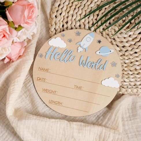 لافتة إعلان Hello World Baby، لافتة ولادة خشبية لحديثي الولادة مقاس 5.9 بوصة مع قلم صاروخ وكوكب ديكور مستشفى الحضانة صور دعامة ولوحة ترحيب تذكارية للأولاد والبنات حديثي الولادة in Kuwait