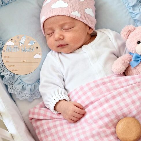 لافتة إعلان Hello World Baby، لافتة ولادة خشبية لحديثي الولادة مقاس 5.9 بوصة مع قلم صاروخ وكوكب ديكور مستشفى الحضانة صور دعامة ولوحة ترحيب تذكارية للأولاد والبنات حديثي الولادة in Kuwait