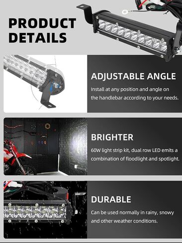 Dirt Bike Light Bar LED,60W Universal 7/8" Handlebars Motorcycle Dirtbike Headlight Lightbar Kit for Pit Bike Ebike KLX TTR CRF KX DRZ 100 110 125 140 150 250 Mega Moto MBX in Kuwait