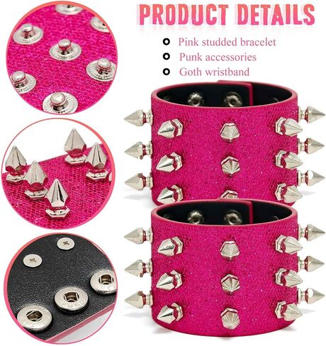 2PCS Studded Bracelet Punk Spiked Wristband Goth Wide Strap Leather Bracelets for Men Women in Kuwait