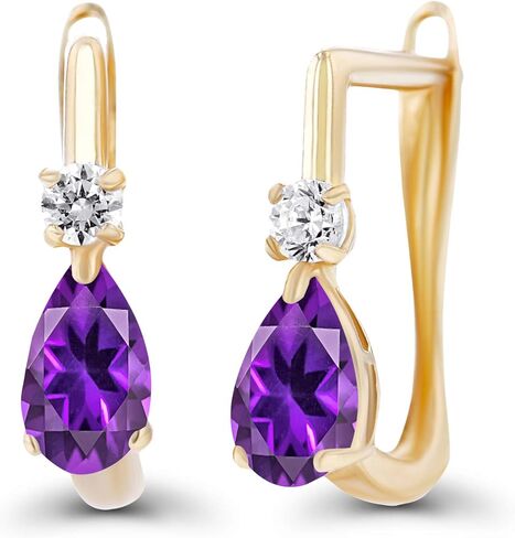أقراط هاجي من الذهب عيار 14 قيراط مقاس 11x5 ملم على شكل كمثرى طبيعية للنساء | 5x3mm جوهرة قطع الكمثرى | أقراط هوجي هوب من الياقوت الأبيض مقاس 2 مم للنساء in Saudi Arabia