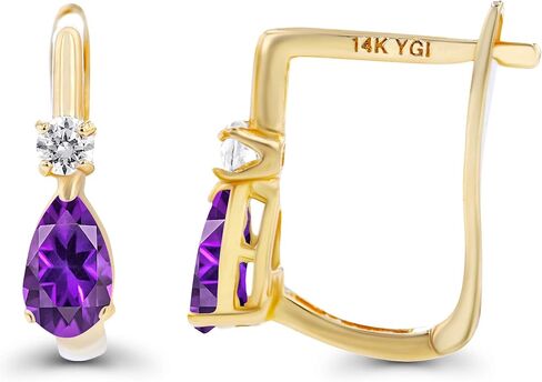 أقراط هاجي من الذهب عيار 14 قيراط مقاس 11x5 ملم على شكل كمثرى طبيعية للنساء | 5x3mm جوهرة قطع الكمثرى | أقراط هوجي هوب من الياقوت الأبيض مقاس 2 مم للنساء in Saudi Arabia