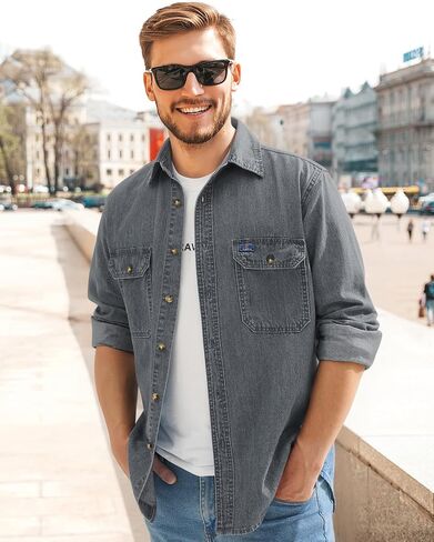 HISEA Mens Denim Shirt Long Sleeve Jean Work Shirts Regular Fit Button Down Shirts with Pockets in Saudi Arabia