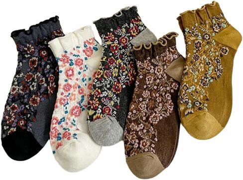 5 Pairs Vintage Floral Patterned Socks for Women, Cute Combed Cotton Ruffle Ankle Socks in Kuwait