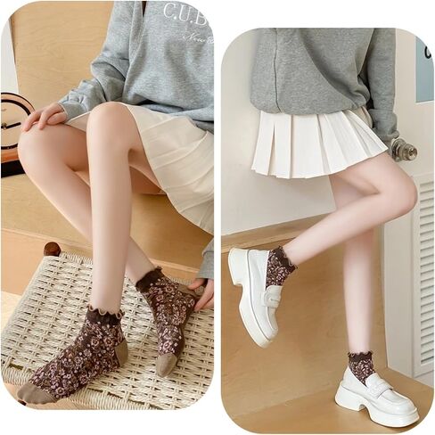 5 Pairs Vintage Floral Patterned Socks for Women, Cute Combed Cotton Ruffle Ankle Socks in Kuwait