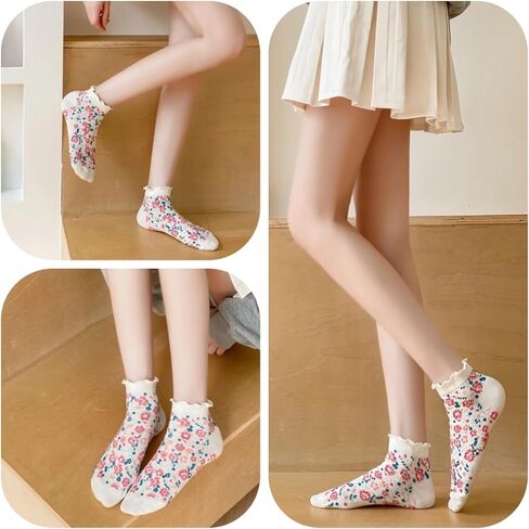 5 Pairs Vintage Floral Patterned Socks for Women, Cute Combed Cotton Ruffle Ankle Socks in Kuwait