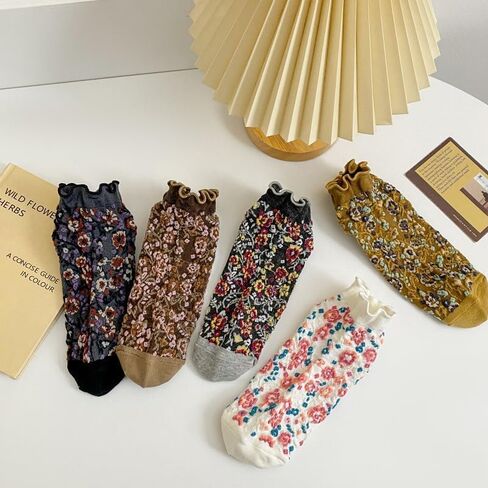 5 Pairs Vintage Floral Patterned Socks for Women, Cute Combed Cotton Ruffle Ankle Socks in Kuwait