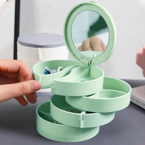 Rotating Jewelry Box Large Capacity with Mirror, 4-Layer Rotating Jewelry Storage Box for Bracelets Rings Earrings, Gift for Women, Blue in Saudi Arabia