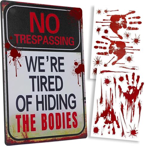 ArtCreativity Halloween No Trespassing Sign & Window Stickers, Beware Funny Home Décor Include Metal Sign, Bloody Hands, Blood Splatter Stickers, Zombie Party Decor Supplies, Scary Yard Warning Sign in Saudi Arabia