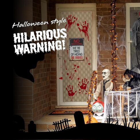 ArtCreativity Halloween No Trespassing Sign & Window Stickers, Beware Funny Home Décor Include Metal Sign, Bloody Hands, Blood Splatter Stickers, Zombie Party Decor Supplies, Scary Yard Warning Sign in Saudi Arabia